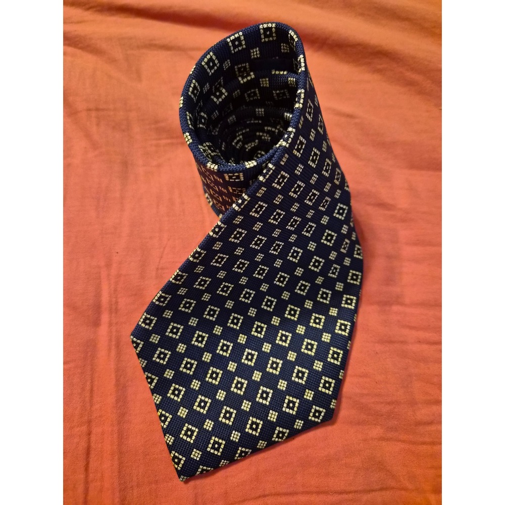 Polo Ralph Lauren Silk Tie Navy Blue Gold Geometric Square Pattern Hand Made USA